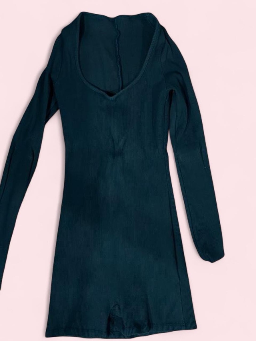 Ribbed Long Sleeve V-Neck Jumpsuit Romper - Dark Teal